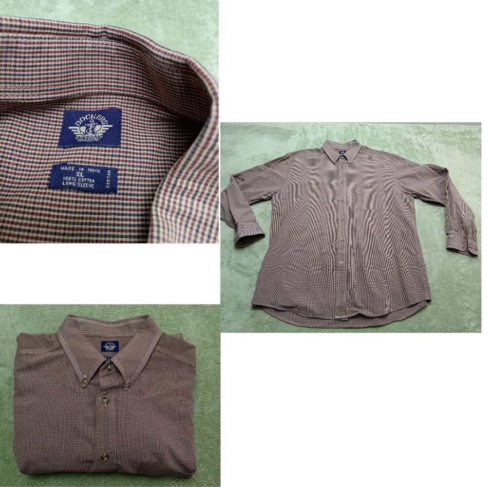Dockers Shirt Button Up Mens XL  Brown Check Classic Long Sleeve Casual